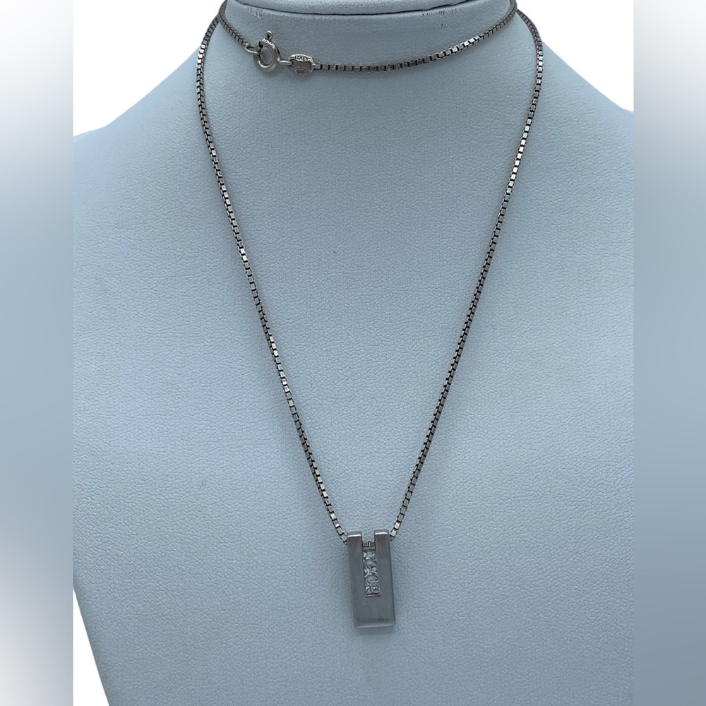 Sterling silver 925 PK signed Italy box chain pendant CZ minimalist geometric